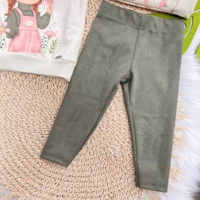 Conj. Blusa Manga Longa Garotinha Alecrim e Calça Legging de Camurça - Areia e Verde Oliva 